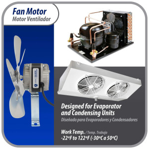 Appli Parts APFM-181E Motor Ventilador 18W Condensador y Evaporador 115V 60Hz 1.10A, Incluye Aspa de Aluminio de 25cm y Base de Montaje, Repuesto Universal para Equipos de Refrigeracion Comercial