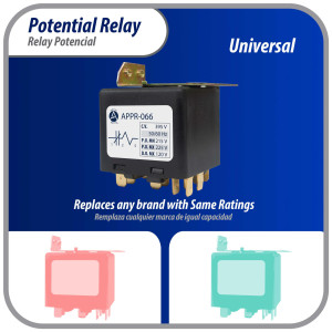 Appli Parts APPR-066 Relay Potencial 066, Voltaje de Bobina 395 V, Recogida Minima 215 V, Recogida Maxima 225 V, Caida Maxima 120 V, 50/60Hz Remplazo universal para unidades de refrigeracion y aire acondicionado