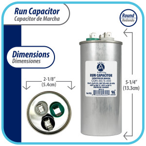 Appli Parts CON-50/5-450 Condensador Capacitor de Marcha 50+5 Mfd uF (microfaradios) 370VAC o 450VAC CBB65 Universal Aire acondicionado y otras aplicaciones Redondo UL E476928 13.3cm Alto 5.4cm Ancho