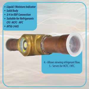 Appli Parts APSG-34AS Visor de Liquido 3/4 pulg Indicador de Humedad con conexiones Soldable con cuerpo solido para Sistemas de Refrigeracion y Aire Acondicionado compatible con refrigerantes CFC, HCFC, HFC