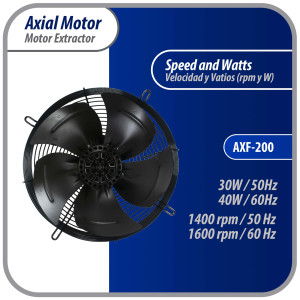 Appli Parts AXF-200 Extractor Axial 200 mm (7-7/8 pulg) 220 V, 1 ph, 50-60 Hz, 40 W, 1600 rpm, Rango Temperatura -30 C a 60 C, incluye aspa y base tipo jaula