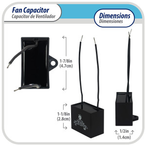 Appli Parts Condensador Capacitor de ventilador 3 mfd (microfaradios) uf 250VAC con 2 cables compatible con cualquier marca de igual capacitancia 4.7cm Ancho 1.4cm Profundidad 2.8cm Alto CAP-3-250-2C