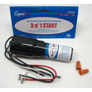 Supco RCO410 1/4 a 1/3 HP, 110 a 125 VAC, 3 en 1, Relay, Capacitor y Termico protector. Utilizado en sistemas de refrigeracion con y sin Capacitor de marcha
 Supco RCO410 1/4 a 1/3 HP, 110 a 125 VAC, 3 en 1, Relay, Capacitor y Termico protector. Utilizado en sistemas de refrigeracion con y sin Capacitor de marcha