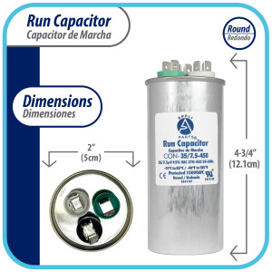 Appli Parts CON-35/7.5-450 Condensador Capacitor de Marcha 35+7.5 Mfd uF (microfaradios) 370VAC o 450VAC CBB65 Universal para Aire acondicionado y aplicaciones Redondo UL, 12.1cm Alto 5cm Ancho
