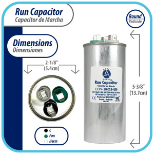 Appli Parts CON-50/7.5-450 Condensador Capacitor de Marcha 50+7.5 Mfd uF (microfaradios) 370VAC o 450VAC CBB65 Universal Aire acondicionado y otras aplicaciones Redondo UL, 13.7cm Alto 5.4cm Ancho
