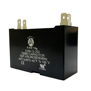 Appli Parts Condensador Capacitor de ventilador 12 mfd (microfaradios) uf 250VAC con conectores compatible con cualquier marca de igual capacitancia 5.8cm Ancho 2.2cm Profundidad 4.3cm Alto CAP-12-250