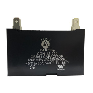 Appli Parts Condensador Capacitor de ventilador 12 mfd (microfaradios) uf 250VAC con conectores compatible con cualquier marca de igual capacitancia 5.8cm Ancho 2.2cm Profundidad 4.3cm Alto CAP-12-250