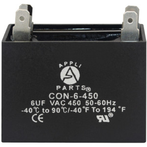Appli Parts Condensador Capacitor de ventilador 6 mfd (microfaradios) uf 450VAC con conectores compatible con cualquier marca de igual capacitancia 4.7cm Ancho 2.2cm Prof 4.3cm Alto CAP-6-450