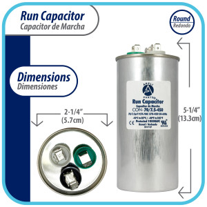 Appli Parts Condensador Capacitor de Marcha 70+7.5 Mfd uF (microfaradios) 370VAC o 450VAC CBB65 Universal Aire acondicionado y aplicaciones Redondo UL E476928 13.3cm Alto 5.7cm Ancho CON-70/7.5-450 Appli Parts Condensador Capacitor de Marcha 70+7.5 Mfd uF (microfaradios) 370VAC o 450VAC CBB65 Universal Aire acondicionado y aplicaciones Redondo UL E476928 13.3cm Alto 5.7cm Ancho CON-70/7.5-450