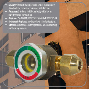 Appli Parts APSG-14A Visor de Liquido 1/4 pulg Flare e Indicador de Humedad con conexiones Rosca con cuerpo extraible para Sistemas de Refrigeracion y Aire Acondicionado compatible con refrigerantes CFC, HCFC, HFC