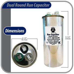 Appli Parts Condensador Capacitor de Marcha 60+10 Mfd uF (microfaradios) 370VAC CBB65 Universal Aire acondicionado y otras aplicaciones Redondo UL E476928 5.7cm Ancho 14cm Alto CON-60/10-370-R