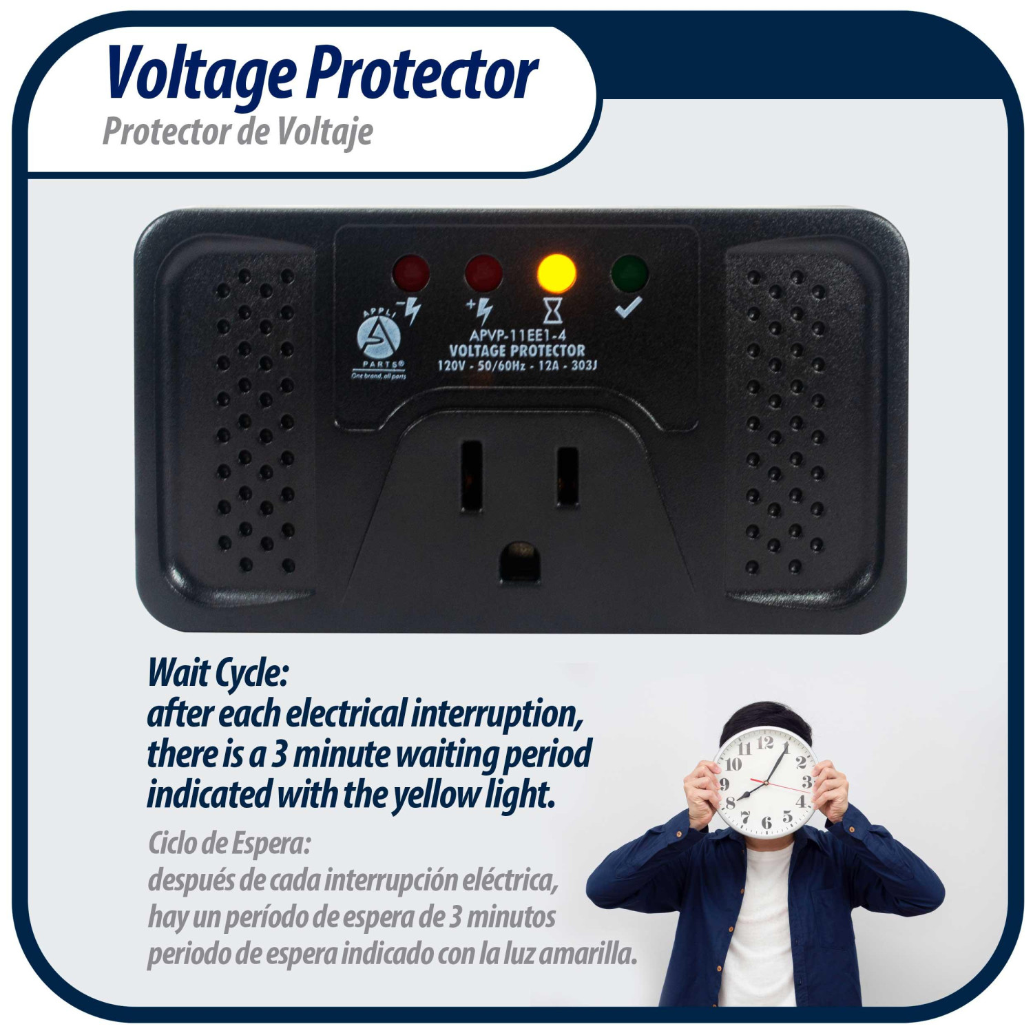 Appli Parts APVP-11EE1-4 Protector de Voltaje 120 V, 50/60 Hz, 12 A, 303 joules, para Refrigerador con Tarjeta Digital, actua como supresor de picos, funciona con todas las marcas de electrodomesticos