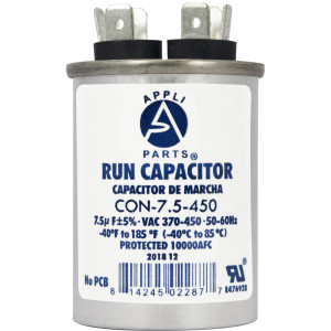 Appli Parts Condensador Capacitor de Marcha 7.5 Mfd uF (microfaradios) 370VAC o 450VAC CBB65 Universal Aire acondicionado y otras aplicaciones Redondo UL E476928 6.4cm Alto 3.7cm Ancho CON-7.5-450