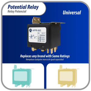 Appli Parts APPR-065 Relay Potencial 065, Voltaje de Bobina 332 V, Recogida Minima 168 V, Recogida Maxima 182 V, Caida Maxima 90 V, 50/60Hz Remplazo universal para unidades de refrigeracion y aire acondicionado