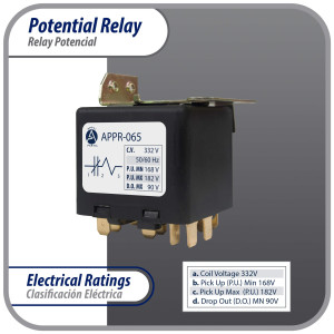 Appli Parts APPR-065 Relay Potencial 065, Voltaje de Bobina 332 V, Recogida Minima 168 V, Recogida Maxima 182 V, Caida Maxima 90 V, 50/60Hz Remplazo universal para unidades de refrigeracion y aire acondicionado