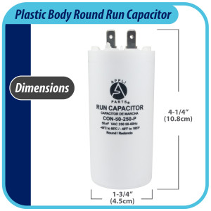 Appli Parts Condensador Capacitor de Marcha 50 Mfd uF (microfaradios) 250VAC CBB60 Cuerpo plastico para bombas de agua y otras aplicaciones Redondo UL E476928 10.8cm Alto 4.5cm Ancho CON-50-250-P Appli Parts Condensador Capacitor de Marcha 50 Mfd uF (microfaradios) 250VAC CBB60 Cuerpo plastico para bombas de agua y otras aplicaciones Redondo UL E476928 10.8cm Alto 4.5cm Ancho CON-50-250-P