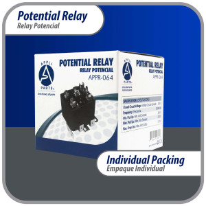 Appli Parts APPR-064 Relay Potencial 064, Voltaje de Bobina 395 V, Recogida Minima 260 V, Recogida Maxima 275 V, Caida Maxima 120 V, 50/60Hz Remplazo universal para unidades de refrigeracion y aire acondicionado