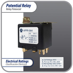 Appli Parts APPR-064 Relay Potencial 064, Voltaje de Bobina 395 V, Recogida Minima 260 V, Recogida Maxima 275 V, Caida Maxima 120 V, 50/60Hz Remplazo universal para unidades de refrigeracion y aire acondicionado