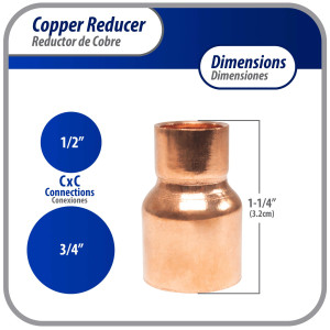 Appli Parts AP-R034012 Reductor de Cobre de 3/4x1/2 pulg Conexiones CxC soldadas para aplicaciones de refrigeracion, aire acondicionado y plomeria Tuberia de cobre ACR y Tipo L Appli Parts AP-R034012 Reductor de Cobre de 3/4x1/2 pulg Conexiones CxC soldadas para aplicaciones de refrigeracion, aire acondicionado y plomeria Tuberia de cobre ACR y Tipo L