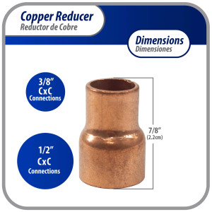 Appli Parts AP-R012038 Reductor de Cobre de 1/2x3/8 pulg Conexiones CxC soldadas para aplicaciones de refrigeracion, aire acondicionado y plomeria Tuberia de cobre ACR y Tipo L Appli Parts AP-R012038 Reductor de Cobre de 1/2x3/8 pulg Conexiones CxC soldadas para aplicaciones de refrigeracion, aire acondicionado y plomeria Tuberia de cobre ACR y Tipo L