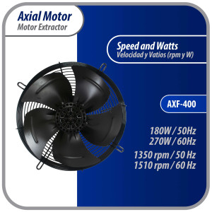 Appli Parts AXF-400 Extractor Axial 400 mm (15-3/4 pulg) 220 V, 1 ph, 50-60 Hz, 270 W, 1510 rpm, Rango Temperatura -30 C a 60 C, incluye aspa y base tipo jaula Appli Parts AXF-400 Extractor Axial 400 mm (15-3/4 pulg) 220 V, 1 ph, 50-60 Hz, 270 W, 1510 rpm, Rango Temperatura -30 C a 60 C, incluye aspa y base tipo jaula