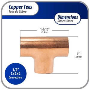 Appli Parts AP-T012 1/2 pulg Tee de Cobre Conexiones CxCxC soldadas para aplicaciones de refrigeracion, aire acondicionado y plomeria Tuberia de Cobre ACR y Tipo L Appli Parts AP-T012 1/2 pulg Tee de Cobre Conexiones CxCxC soldadas para aplicaciones de refrigeracion, aire acondicionado y plomeria Tuberia de Cobre ACR y Tipo L