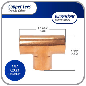 Appli Parts AP-T034 3/4 pulg Tee de Cobre Conexiones CxCxC soldadas para aplicaciones de refrigeracion, aire acondicionado y plomeria Tuberia de Cobre ACR y Tipo L Appli Parts AP-T034 3/4 pulg Tee de Cobre Conexiones CxCxC soldadas para aplicaciones de refrigeracion, aire acondicionado y plomeria Tuberia de Cobre ACR y Tipo L
