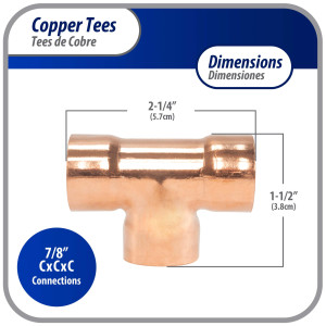 Appli Parts AP-T078 7/8 pulg Tee de Cobre Conexiones CxCxC soldadas para aplicaciones de refrigeracion, aire acondicionado y plomeria Tuberia de Cobre ACR y Tipo L Appli Parts AP-T078 7/8 pulg Tee de Cobre Conexiones CxCxC soldadas para aplicaciones de refrigeracion, aire acondicionado y plomeria Tuberia de Cobre ACR y Tipo L
