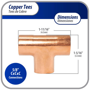 Appli Parts AP-T058 5/8 pulg Tee de Cobre Conexiones CxCxC soldadas para aplicaciones de refrigeracion, aire acondicionado y plomeria Tuberia de Cobre ACR y Tipo L Appli Parts AP-T058 5/8 pulg Tee de Cobre Conexiones CxCxC soldadas para aplicaciones de refrigeracion, aire acondicionado y plomeria Tuberia de Cobre ACR y Tipo L