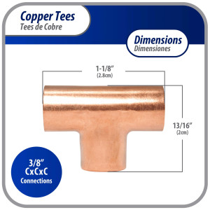 Appli Parts AP-T038 3/8 pulg Tee de Cobre Conexiones CxCxC soldadas para aplicaciones de refrigeracion, aire acondicionado y plomeria Tuberia de Cobre ACR y Tipo L Appli Parts AP-T038 3/8 pulg Tee de Cobre Conexiones CxCxC soldadas para aplicaciones de refrigeracion, aire acondicionado y plomeria Tuberia de Cobre ACR y Tipo L