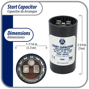 Appli Parts Condensador Capacitor Arranque 108-130 Mfd (microfaradios) uF 250 VAC remplazo universal para motores electricos de distintas aplicaciones 3.7cm Diametro 7cm Alto CON-108-250

