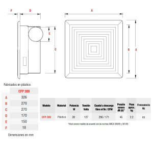 Extractor CFP 300 Centrifugo Falso Plafon Soler y Palau 127 V, 60 Hz, 39 W, 970 rpm, 290 m3/h, 45 dB(A) Extractor CFP 300 Centrifugo Falso Plafon Soler y Palau 127 V, 60 Hz, 39 W, 970 rpm, 290 m3/h, 45 dB(A)