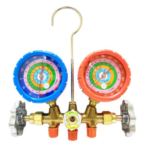 Appli Parts APMB-A3B36S Manometro R134,R22,R404,R410 1/4 pulg SAE, Escala Presion psi, Escala Temperatura Fahrenheit, Cuerpo de Laton con Visor, Adaptor 5/16 SAE a 1/4 SAE y Juego de Mangueras 90cm 1/4 SAE