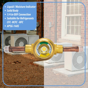 Appli Parts APSG-14AS Visor de Liquido 1/4 pulg Indicador de Humedad con conexiones Soldable con cuerpo solido para Sistemas de Refrigeracion y Aire Acondicionado compatible con refrigerantes CFC, HCFC, HFC