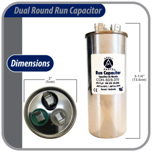 Appli Parts Condensador Capacitor de Marcha 50+5 Mfd uF (microfaradios) 370VAC CBB65 Universal Aire acondicionado y otras aplicaciones Redondo UL E476928 5cm Ancho 13.3cm Alto CON-50/5-370-R Appli Parts Condensador Capacitor de Marcha 50+5 Mfd uF (microfaradios) 370VAC CBB65 Universal Aire acondicionado y otras aplicaciones Redondo UL E476928 5cm Ancho 13.3cm Alto CON-50/5-370-R