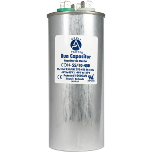 Appli Parts Condensador Capacitor de Marcha 55+10 Mfd uF (microfaradios) 370VAC o 450VAC CBB65 Universal Aire acondicionado y aplicaciones Redondo UL E476928 14.3cm Alto 5.4cm Ancho CON-55/10-450