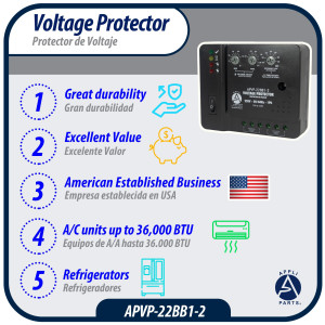 Appli Parts APVP-22BB1-2 Protector de Voltaje 220 V, 1 Ph, 50/60 Hz, 30 A, 3 HP, para Aire Acondicionado y Refrigeracion, tiempo de espera o de reconexion programable