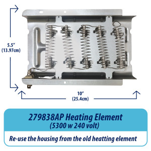 Appli Parts 279838AP Resistencia para Secadora, Reemplazo Whirlpool 279838, Compatible 279837, 3398063, 3398064, 3403585, 8565582, W10724238, para Secadoras Electricas Whirlpool Amana Kenmore Maytag