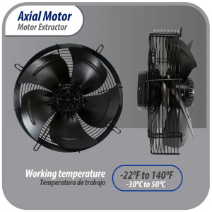 Appli Parts AXF-250 Extractor Axial 250 mm (9-7/8 pulg) 220 V, 1 ph, 50-60 Hz, 68W 1620 rpm, Rango Temperatura -30 C a 60 C, incluye aspa y base tipo jaula