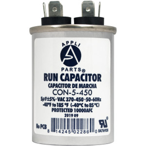 Appli Parts Condensador Capacitor de Marcha 5 Mfd uF (microfaradios) 370VAC o 450VAC CBB65 Universal Aire acondicionado y otras aplicaciones Redondo UL E476928 6.4cm Alto 3.7cm Ancho CON-5-450