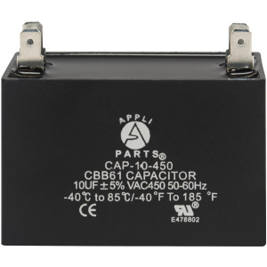 Appli Parts Condensador Capacitor de ventilador 10 mfd (microfaradios) uf 450VAC con conectores compatible con cualquier marca de igual capacitancia 5.8cm Ancho 2.2cm Profundidad 4.6cm Alto CAP-10-450