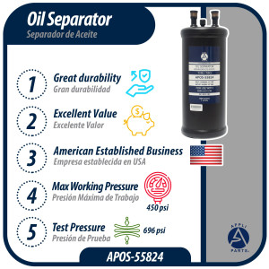 Appli Parts APOS-55824 Separador de Aceite 1/2 pulg ODF Soldable, CFC,HCFC,HFC,R22,R407C,R502,R134a,R404A,R507, Temperatura de trabajo desde -10 C a 130 C