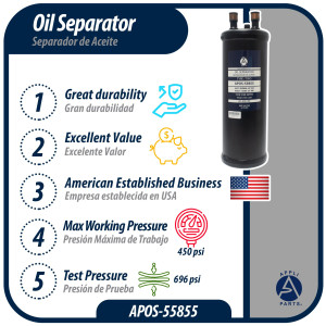 Appli Parts APOS-55855 Separador de Aceite 5/8 pulg ODF Soldable, CFC,HCFC,HFC,R22,R407C,R502,R134a,R404A,R507, Temperatura de trabajo desde -10 C a 130 C