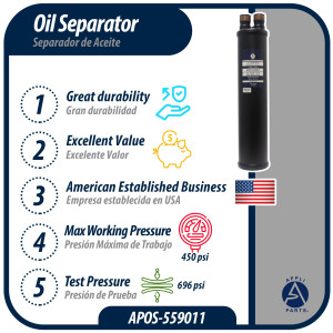 Appli Parts APOS-559011 Separador de Aceite 1 3/8 pulg ODF Soldable, CFC,HCFC,HFC,R22,R407C,R502,R134a,R404A,R507, Temperatura de trabajo desde -10 C a 130 C