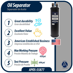Appli Parts APOS-55877 Separador de Aceite 7/8 pulg ODF Soldable, CFC,HCFC,HFC,R22,R407C,R502,R134a,R404A,R507, Temperatura de trabajo desde -10 C a 130 C