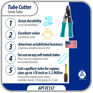 Appli Parts APT-TC157 Corta Tubo Capilar para Cobre, medidas hasta 1/8 de pulg o 3 Milim, para Profesionales y Bricolaje, sirve otros metales blandos