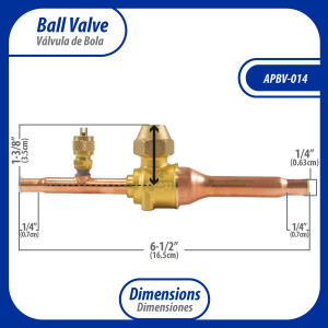 Appli Parts APBV-014 Valvula de Cierre 1/4 pulg tipo Bola de conexion soldable con puerto de servicio SAE de 1/4 de pulg presion maxima de trabajo 610 psi temperaturas de -30 C a 120 C longitud total 165.5 mm Appli Parts APBV-014 Valvula de Cierre 1/4 pulg tipo Bola de conexion soldable con puerto de servicio SAE de 1/4 de pulg presion maxima de trabajo 610 psi temperaturas de -30 C a 120 C longitud total 165.5 mm