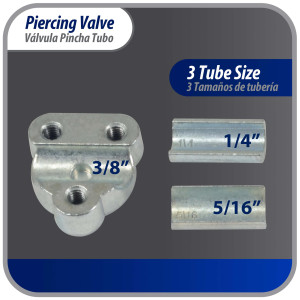 Appli Parts APT-PV210 Valvula perforadora 1/4, 5/16 o 3/8 pulg tipo bala con adaptadores y empacadura para sistemas de refrigeracion con puerto de servicio SAE de 1/4 pulg