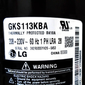 Compresor Lg Rotativo 12.000 Btu R410 208-230V/1Ph/60Hz OLP Interno (Incluye: Cobertor, Sello, Arandela, Tuerca, Asiento de Goma) Capacitor 25mfd/370VAC Not Included Lg GK113K / GKS113KBA Compresor Lg Rotativo 12.000 Btu R410 208-230V/1Ph/60Hz OLP Interno (Incluye: Cobertor, Sello, Arandela, Tuerca, Asiento de Goma) Capacitor 25mfd/370VAC Not Included Lg GK113K / GKS113KBA
