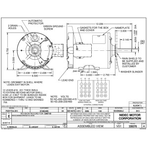 US Motors 3913 3/4 HP 1140 rpm, 208-230/460 V, 60Hz, 1 eje, TEAO, 1 velocidad, 6.3 diametro, Rotacion Reversible, Marco 56Y, P063TDA3813015B